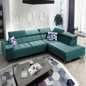 Ecksofa mit Schlaffunktion Hampton VII meeresblau rechts aus Samtstoff mit glatter Oberfläche