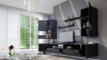 Parga schwarz / schwarz glänzend universelle Schrankwand für das Wohnzimmer mit einem leichten Design wird perfekt in jedes Interieur passen