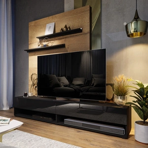 RTV-Schrank Nea 180 cm schwarz / schwarz glänzend mit Aufhängung und Einlegeböden stilvolles Design, das zu jeder Einrichtung passt