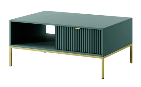 Couchtisch Lovro pastellgrün mit Schubladen modernes Design auslaufsichere Platte goldene Metallbeine