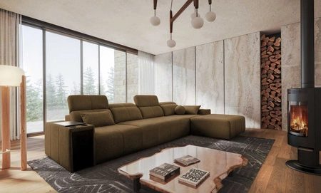 Ecksofa mit Schlaffunktion Tesalia XII braun rechte Ecke modernes Design komfortable Schiebelehne Schublade in der Seite des Möbels