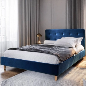 Polsterbett Noiro 140x200 navy blau mit Stauraum im modernen skandinavischen Stil mit markantem Kopfteil