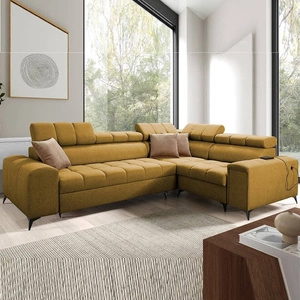 Ecksofa mit Schlaffunktion Bolmso II Senf rechts Ecksofa mit Bettzeugcontainer Vollauszug in der Seite des Möbels