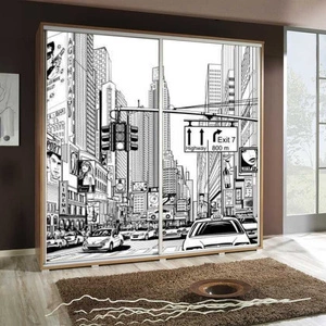 Artistino 205 cm Schiebeschrank mit City-Grafik Schrankkorpus in Eiche Catania aus 22 mm starker Platte