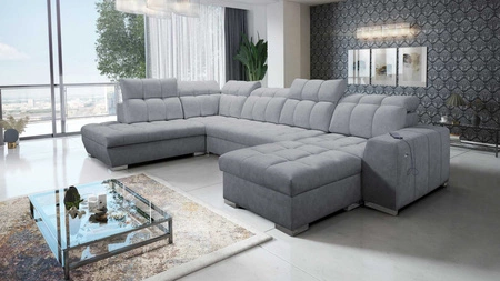 Ecksofa mit Schlaffunktion Luigi VI grau rechtsseitig stilvolles Ecksofa mit Bettzeugcontainern in weichem Stoff bezogen