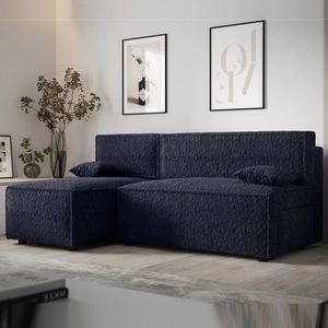 Ecksofa mit Schlaffunktion Brandon navy blue linke Seite weicher Stoff mit charakteristischer Schleifenoberfläche Bettzeugbehälter