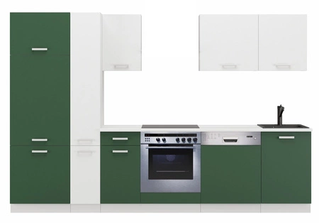 Küchenmöbelset mit Arbeitsplatte Toni 300 cm weiß / pastellgrüne Möbel sehen toll aus in modernen Interieurs