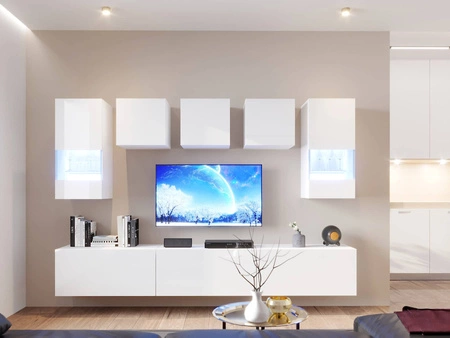 Kateri weiß / weiß glänzend universelle Schrankwand für das Wohnzimmer mit einem leichten Design wird perfekt in jedes Interieur passen