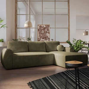 Ecksofa mit Schlaffunktion Colio oliv rechts stilvolles Ecksofa mit interessanter Form Veloursstoff Zierkissen Ball