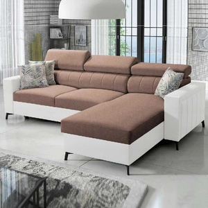 Ecksofa mit Schlaffunktion Savona hellbraun/weiß rechts elegantes Ecksofa mit verstellbaren Kopfstützen Ziernähte