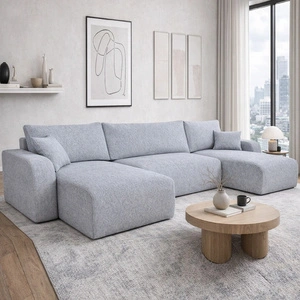 Ecksofa mit Schlaffunktion Fiesta U XL grau Esche elegantes Ecksofa für Wohnzimmer mit Bettzeugablage Webstoff