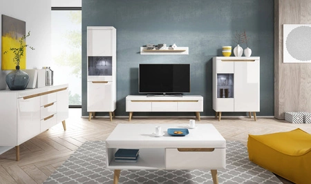 RTV Schrank Atka 107 cm weiß / weiß glänzend / Eiche riviera moderner Designschrank im skandinavischen Stil ideal für Wohnzimmer und Wohnbereich