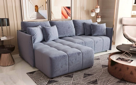 Schlafsofa Oroso blau links weicher Samtstoff mit hydrophober Beschichtung Bettzeugbehälter