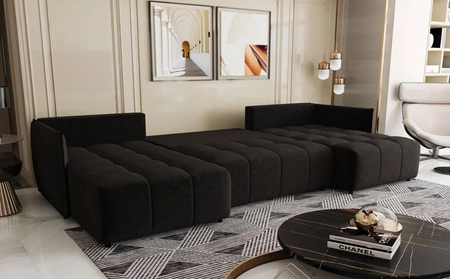 Ecksofa mit Schlaffunktion Oroso U graphitfarbener Leinencontainer weicher Samtstoff mit hydrophober Beschichtung dekorative Steppung