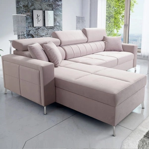 Ecksofa mit Schlaffunktion Nausa puderrosa links Samt stilvolles bequemes Ecksofa verstellbare Kopfstützen Bettzeug Container