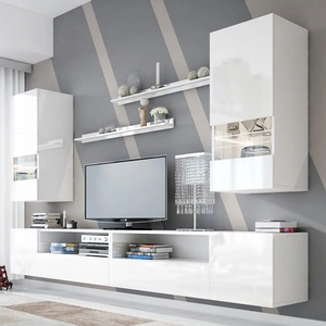 Parga weiß / weiß glänzend universelle Schrankwand für das Wohnzimmer mit einem leichten Design passt perfekt in jedes Interieur