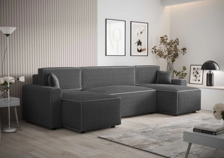 Ecksofa mit Schlaffunktion Brandon U Bis grauer Bettzeugcontainer dreidimensionaler Stoff mit ausdrucksvollen Streifen weiche Armlehnen