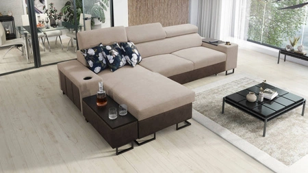 Ecksofa mit Schlaffunktion Flavio beige/braun links elegantes Ecksofa mit einer Verlängerung der offenen Bar in der Seite des Möbels