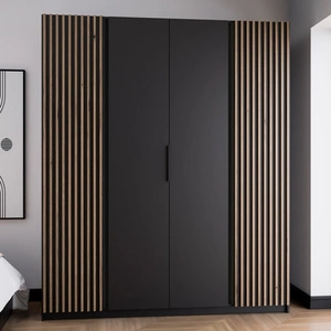 Kleiderschrank Kastano XI 200 cm schwarz modernes Design Kleiderschranktür verziert mit Eiche evoke Lamellen stilvolle Kante Griffe