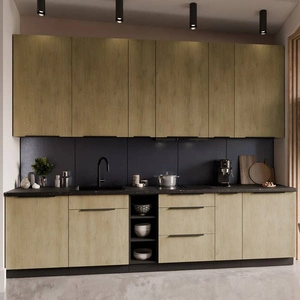 Küchenmöbel Set Crotone 300 cm elegante Küchenschränke mit Metallkantengriffen Schrank mit Ladekorb