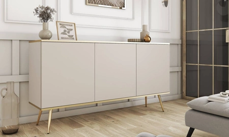 Kommode Luxury 160 cm beige elegantes Design Korpus mit goldener Zierleiste Kommode auf hohen Metallbeinen getragen