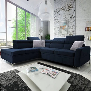 Ecksofa mit Schlaffunktion Rava III marineblau links Samt komfortables Ecksofa mit verstellbaren Kopfstützen und einem Bettzeugbehälter