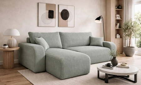 Ecksofa mit Schlaffunktion Fiesta hellgrau universal Ecksofa für Wohnzimmer Cordstoff Bettzeug Container