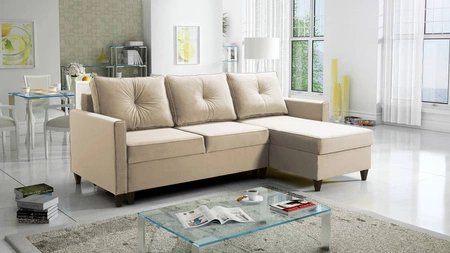 Ecksofa mit Schlaffunktion Terni creme rechts praktisch und funktionell, ausgestattet mit geräumigen Behältern für Bettzeug