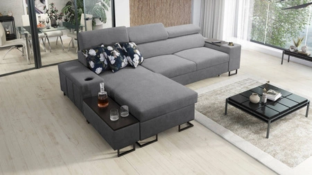 Ecksofa mit Schlaffunktion Flavio grau links bequemes elegantes Ecksofa mit einer offenen Bar in der Seite des Möbels