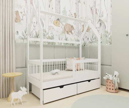 Pumba Holzbett 80x160 cm weiß Kinderbett aus massivem Kiefernholz Kinderhausbett mit geräumigen Schubladen