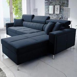 Nausa Ecksofa mit Schlaffunktion marineblau rechts Samt stilvolles bequemes Ecksofa verstellbare Kopfstützen Bettzeug Container