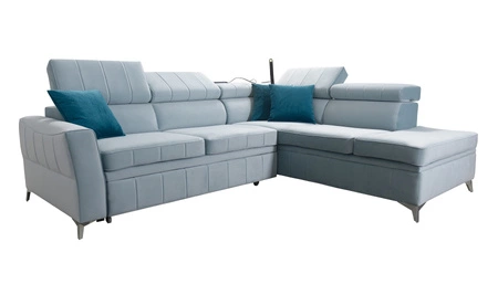 Ecksofa mit Schlaffunktion Rava III grau Esche rechts Samt komfortables Ecksofa mit verstellbaren Kopfstützen und Bettzeugbehälter