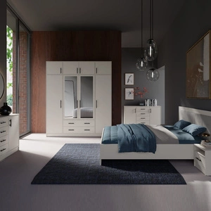 Caspe Schlafzimmermöbel-Set beige geometrische einfache Einheiten mit zeitlosem Design schwarze Griffe Möbel-Set mit Kleiderschrank