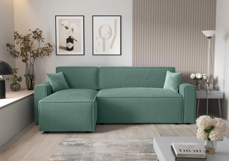 Ecksofa mit Schlaffunktion Brandon Bis Patina links dreidimensionaler Stoff mit ausdrucksstarken Streifen Bettzeug Container