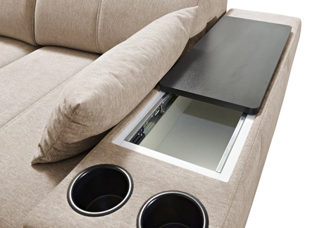 Ecksofa mit Schlaffunktion Tesalia Honig links modernes Design komfortable Schiebelehne Schublade in der Seite des Möbels