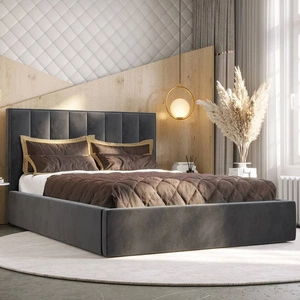 Polsterbett Rinus 180x200 mit Aufbewahrung Grau Modernes skandinavisches Stilbett mit bequemem Kopfteil