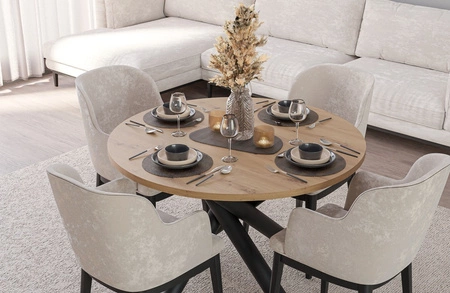 Runder Tisch Lyon 110 cm Eiche artisan / schwarzer Designer-Esstisch auf Metallspinnenbeinen höhenverstellbar