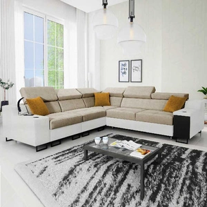 Ecksofa mit Schlaffunktion Alcamo III beige / weiß links Funktions-Ecksofa mit einer Schublade in der Seite zwei Behälter für Bettzeug