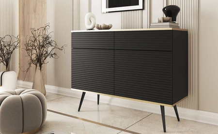Kommode Luxury 107 cm schwarz stilvolle Kommode mit geriffelten Fronten Körper gekrönt mit Gold trim schwarzen Metall Beine