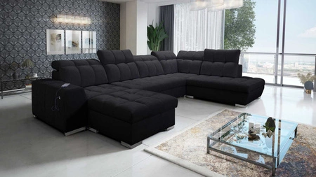 Ecksofa mit Schlaffunktion Luigi VI schwarz linke Seite stilvolles Ecksofa mit Bettzeugcontainer mit weichem Stoff bezogen