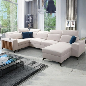 Ecksofa mit Schlaffunktion Kelly IV elfenbeinfarbener rechtsseitiger Samt komfortables Ecksofa verstellbare Kopfstützen Seitenteil mit Lamellenbesatz