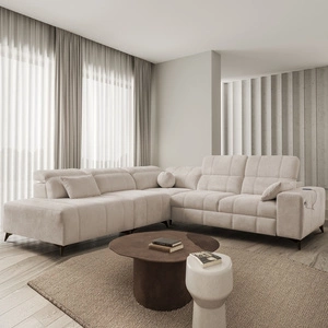 Ecksofa mit Schlaffunktion Penejos IX beige linke Seite stilvolles Ecksofa mit Bettzeugcontainern komfortable verstellbare Kopfstützen