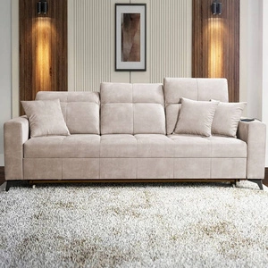 Sofa mit Schlaffunktion Laredo beige bequemes und stilvolles Sofa für das Wohnzimmer mit verstellbaren Kopfstützen zarten Veloursstoff