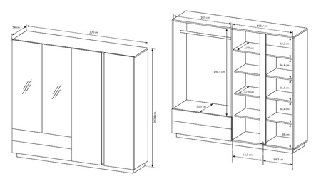 Spiegelschrank Adria 220 cm weiß glänzend / Eiche grandson modernes Möbeldesign Garderobenkanten mit speziellem ABS-Furnier verarbeitet