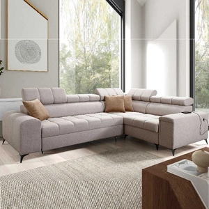 Ecksofa mit Schlaffunktion Bolmso II beige rechtsseitiges Ecksofa mit Bettzeugcontainer Vollauszug in der Seite des Möbels