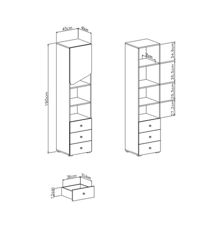 Regal mit Schubladen Dzeta 45 cm Eiche / anthrazit ideal für das Jugendzimmer geräumig und nutzbar Bücherregal modernes Design