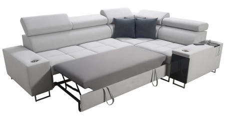 Ecksofa mit Schlaffunktion Dafni II Indischer rosa/weißer Samt, rechtes Ecksofa mit Bettzeugablage und Schublade in der Seitenwand