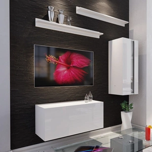 Mit der Magnus-Hängeschrankwand in weißem Glanz können Sie Ihre Multimedia-Ecke in einem äußerst modernen Stil einrichten