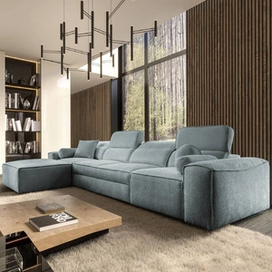 Ecksofa mit Schlaffunktion Viano XII grau blau linkes Ecksofa mit interessanter Form verstellbare Kopfstützen Zierkissen