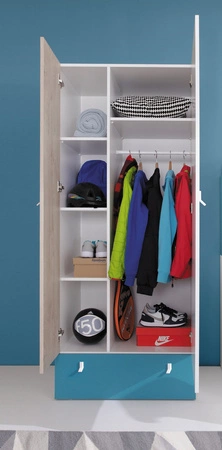 Kleiderschrank Niko 80 cm weiß / Eiche / marine ideal für das Jugendzimmer funktioneller Kleiderschrank mit Schublade